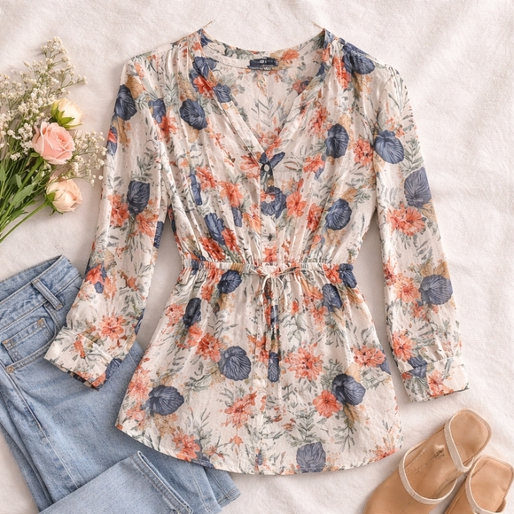 Hilary Radley Tops - Hilary Radley Floral Peplum Blouse M Boho Button Front V-Neck Cinched Waist Top